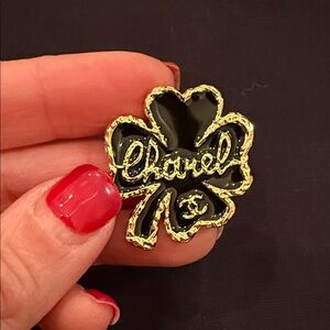 CHANEL Black and Gold Clover Brooch